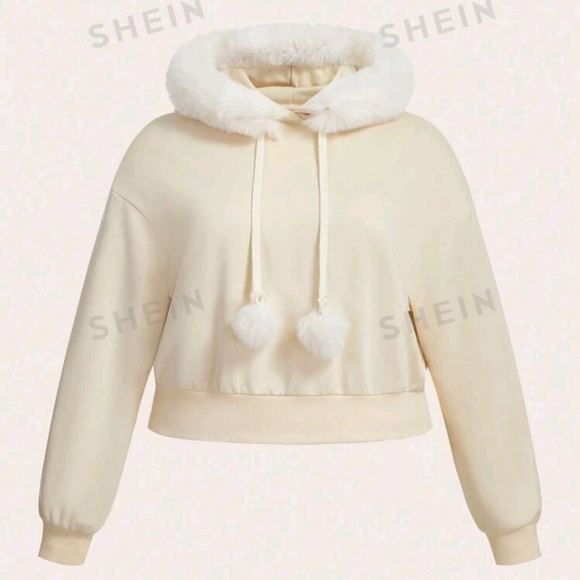 SHEIN MOD Plus Solid Fuzzy Trim Crop Drawstring Hoodie Kawaii Deadstock - Picture 3 of 3